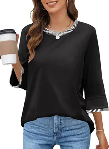 Detailed view of women's black round neck top featuring contrast striped ribbing details