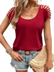Women's summer red knit top with hollow-out shoulder detail for a casual chic look.