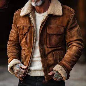 Close-up of a men's brown suede jacket featuring a warm sherpa-lined collar and cuffs