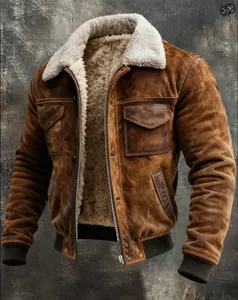 Detailed view of a vintage brown men's jacket with plush lining and multiple pockets