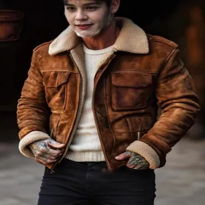 Men's stylish brown lamb wool collar jacket with zipper and pockets for autumn winter