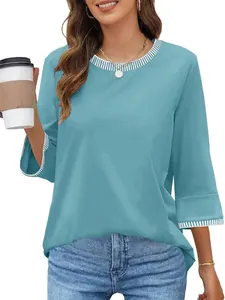 Stylish teal knit top for women with white striped ribbed crewneck and 3/4 sleeves