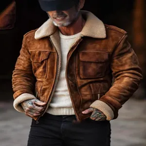 Men's brown suede shearling jacket with warm cream fleece collar and zipper