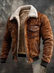 Vintage men's multi-pocket fleece-lined outdoor jacket in brown with cozy faux fur collar