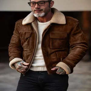 Classic men's brown suede jacket featuring a warm faux shearling collar and cuffs
