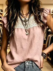 Top de Mujer con Patchwork de Encaje y Manga Flotante Cuello Redondo Color Sólido Blusa Casual Boho de Poliéster Volantes