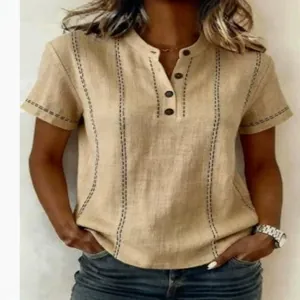 Chemise décontractée en coton et lin pour femme avec col montant et surpiqûres perlées