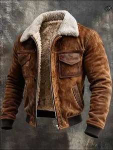 Vintage men's brown suede jacket with fleece lining and multi-pocket outdoor design.