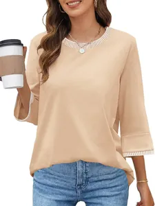 Stylish apricot knit top with striped ribbed crew neck and 3/4 sleeves for women