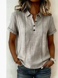Chemisier décontracté en lin et coton pour femmes avec col polo et coutures verticales