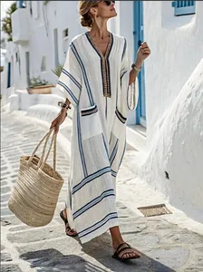 Robe Longue Kaftan Ample à Col en V pour Femmes Été Bohème Imprimé Rayures Robe à Manches Courtes Grande Taille Décontracté Plage Fête