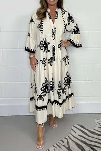 Robe longue élégante à imprimé floral avec col montant et manches évasées pour printemps