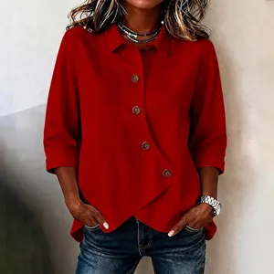 Rood los casual damesoverhemd met asymmetrische geknoopte zoom en 3/4 mouwen