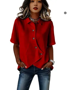 Women's casual solid red short sleeve shirt with asymmetrical button closure