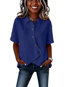 Women's casual navy blue asymmetrical button-down shirt featuring short sleeves