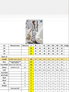 Guide des tailles complet pour robe longue imprimée élégante grande taille avec mesures.