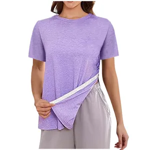 Detail view of the adjustable side zipper on a purple short-sleeved women's T-shirt
