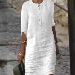 Vestido midi elegante de algodón y lino blanco con cuello redondo y manga larga