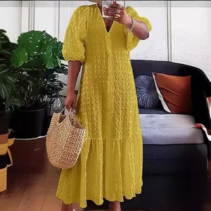 Dames V-hals Knoppen Geplooid Los Casual Maxi Jurk Polyester Crinkle Stof Zomer Effen Kleur Korte Mouw Lange Jurk