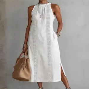 Women's Casual Cotton Solid Color Maxi Dress Sleeveless Round Neck Loose Long Vest Dress Spliced Side Slit Summer Vacation Gown