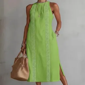 Sleeveless lime green maxi dress featuring elegant white lace vertical embroidery