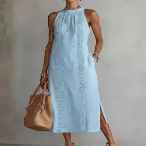 Elegant sleeveless light blue maxi dress with lace embroidery and side slits for women