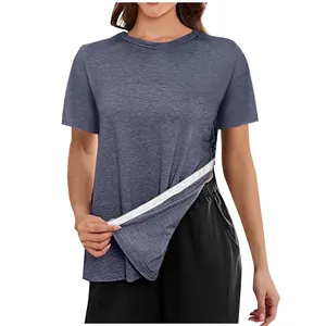 Detailed side view of women's casual loose T-shirt with white adjustable drawstring