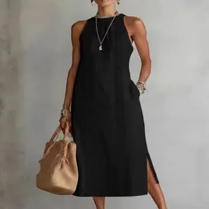 Elegant black sleeveless halter midi dress with vertical lace detail and side slits