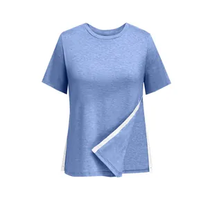 Detail view of light blue women's t-shirt with adjustable buttoned side split hem