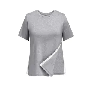 Detailed view of casual women's round neck t-shirt with side button slit design.