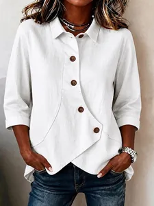 Dames Asymmetrische Katoen Linnen Shirt Casual Losse 3/4 Mouw Knoopsluiting Reverskraag Effen Kleur Commuter Top
