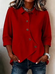 Elegante rode effen blouse met onregelmatige zoom en driekwart mouwen voor dames