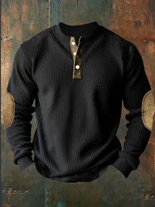 Stylish men's black waffle knit Henley sweatshirt featuring contrast elbow patches.