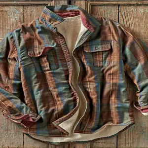 Close-up of retro men's plaid flannel shirt featuring warm white fleece lining and pockets.