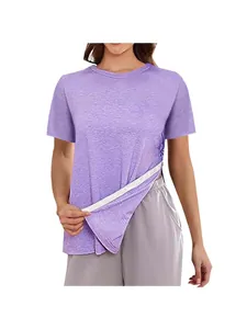 Casual women's purple short sleeve T-shirt with adjustable side slit and buttons.