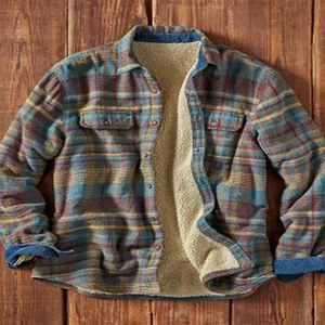 Men Vintage Plaid Flannel Shirt Jacket Sherpa Lined Long Sleeve Button Down Workwear Top Casual Fleece Thick Shacket