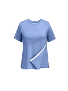 Casual blue women's short sleeve T-shirt with side snap buttons and loose round neck fit