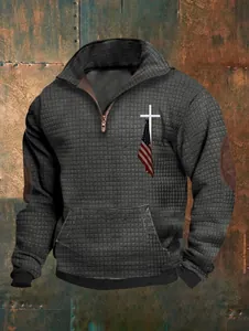 Casual heren wafelgebreide sweatshirt met kwartrits, Amerikaanse vlag en kruis.