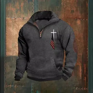 Wafelgebreide herensweatshirt met kwartrits en een print van de Amerikaanse vlag