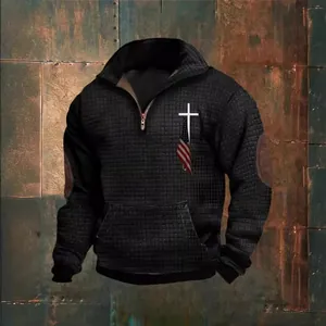 Vintage heren wafelgebreide sweatshirt met kwart rits en kruis met Amerikaanse vlag print.