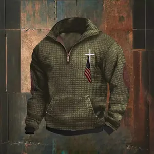 Heren olijfgroene wafelgebreide hoodie met kwartritssluiting en Amerikaanse vlag print