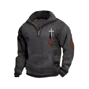 Heren wafelgebreid sweatshirt met kwartrits, Amerikaanse vlag en kruis grafische print