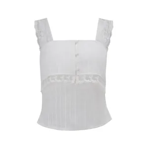 Detailed view of the white lace strap tank top with button front and sheer trim