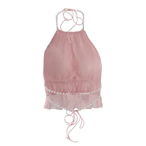 Top corto all'americana rosa sexy con delicato tessuto pieghettato e accenti di perle.