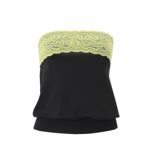 Detailed close-up view of a black strapless tube top with a yellow lace trim at the top