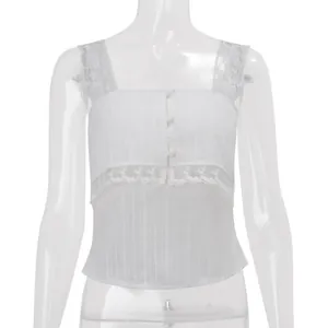 Detailed view of a white lace strap camisole featuring a square neck and buttons