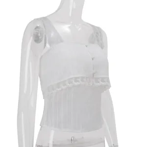 Elegant white lace cropped tank top with button detail and sheer striped fabric