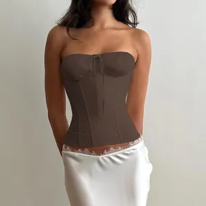 Close-up detail of the drawstring and textured bust on this brown corset tube top