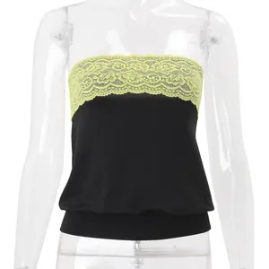 Black bandeau tube top with lime green floral lace trim on a transparent mannequin