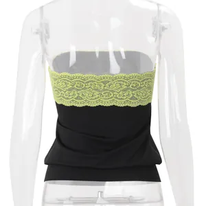 Detailed back view of black strapless tube top with neon green floral lace trim